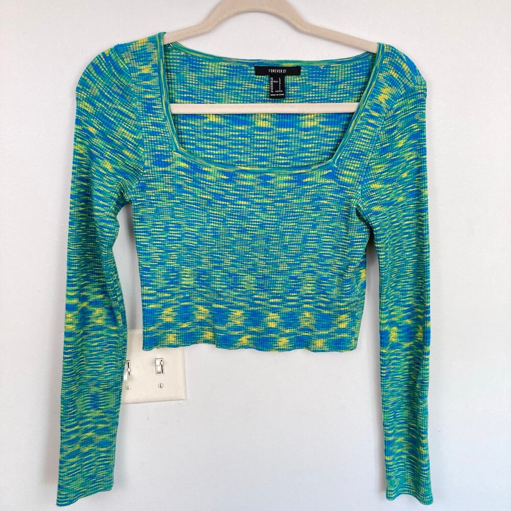 Y2K Forever 21 Womens L FLAW Blue Green Square Neck Space Dye Crop Top Festival